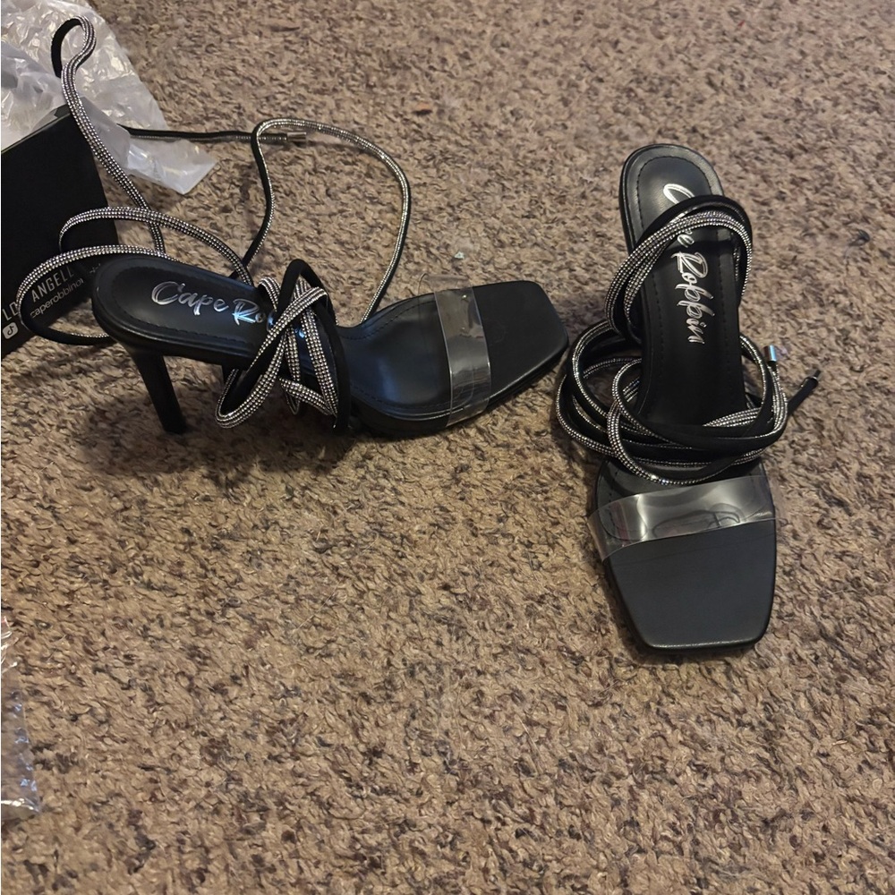 Cape Robbin Black and Silver Strappy Heels